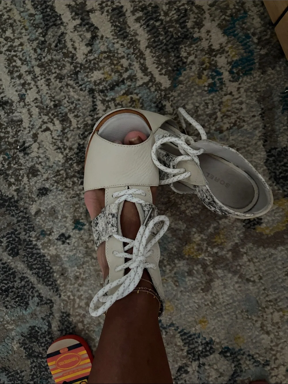 Sorel Cream Leather Wedge Sandals with Tan Logo Patch